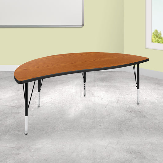 Wren 60" Half Circle Wave Flexible Collaborative Oak Thermal Laminate Activity Table - Height Adjustable Short Legs Oak XU-A60-HCIRC-OAK-T-P-GG