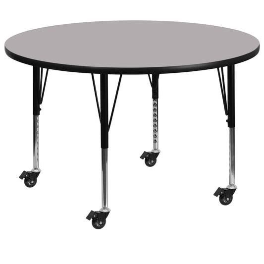 Wren Mobile 60'' Round Grey Thermal Laminate Activity Table - Height Adjustable Short Legs Gray XU-A60-RND-GY-T-P-CAS-GG