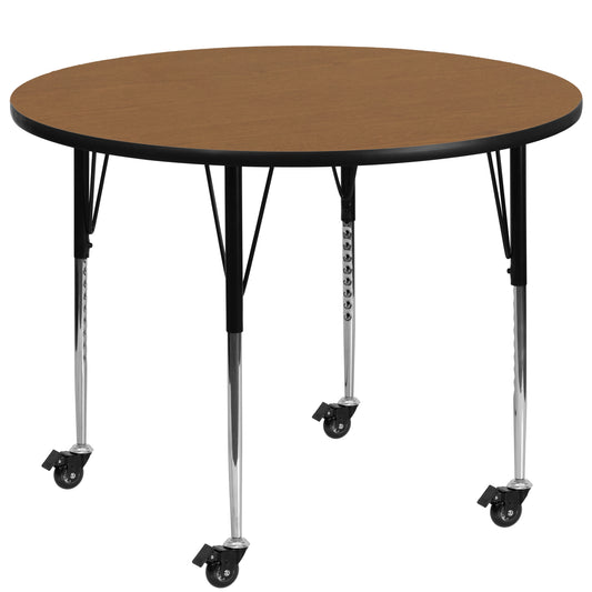 Wren Mobile 60'' Round Oak Thermal Laminate Activity Table - Standard Height Adjustable Legs Oak XU-A60-RND-OAK-T-A-CAS-GG