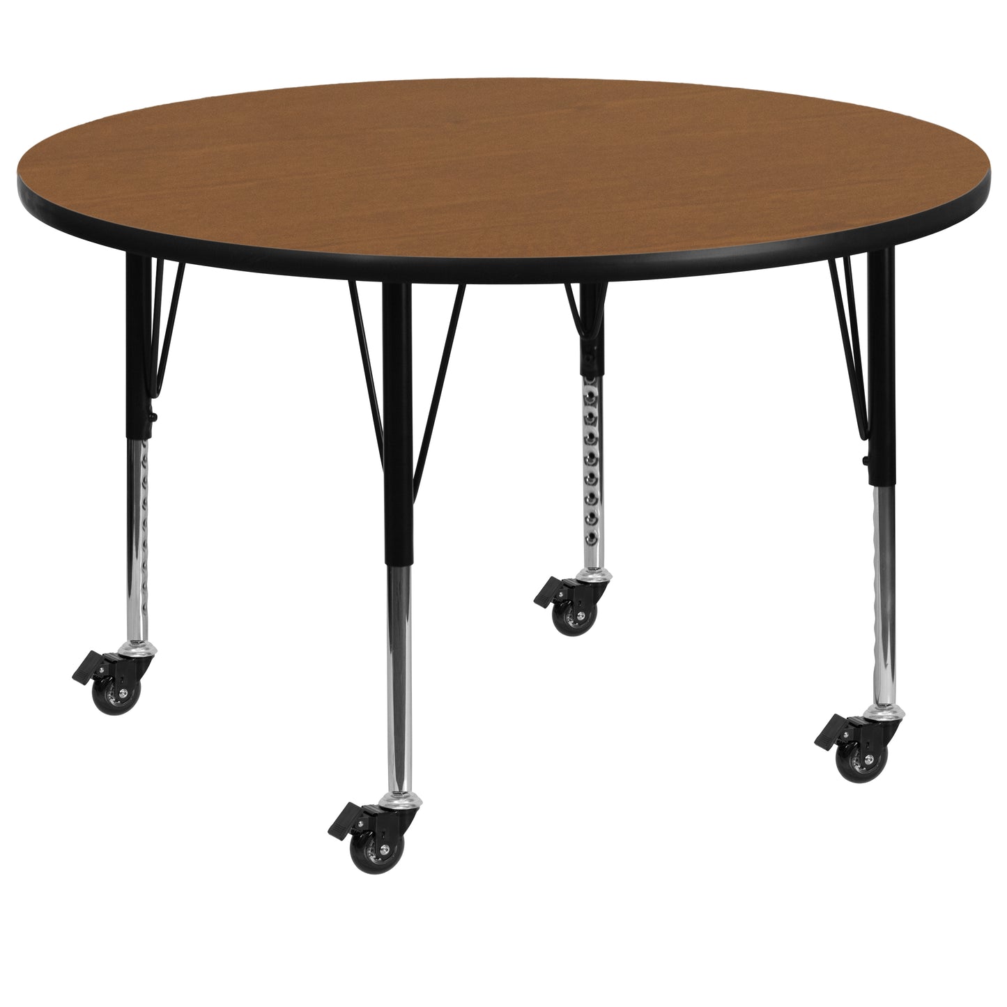 Wren Mobile 60'' Round Oak Thermal Laminate Activity Table - Height Adjustable Short Legs Oak