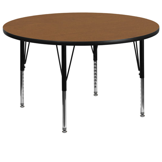Wren 60'' Round Oak Thermal Laminate Activity Table - Height Adjustable Short Legs Oak XU-A60-RND-OAK-T-P-GG