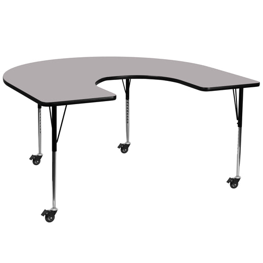 Wren Mobile 60''W x 66''L Horseshoe Grey Thermal Laminate Activity Table - Standard Height Adjustable Legs Gray XU-A6066-HRSE-GY-T-A-CAS-GG
