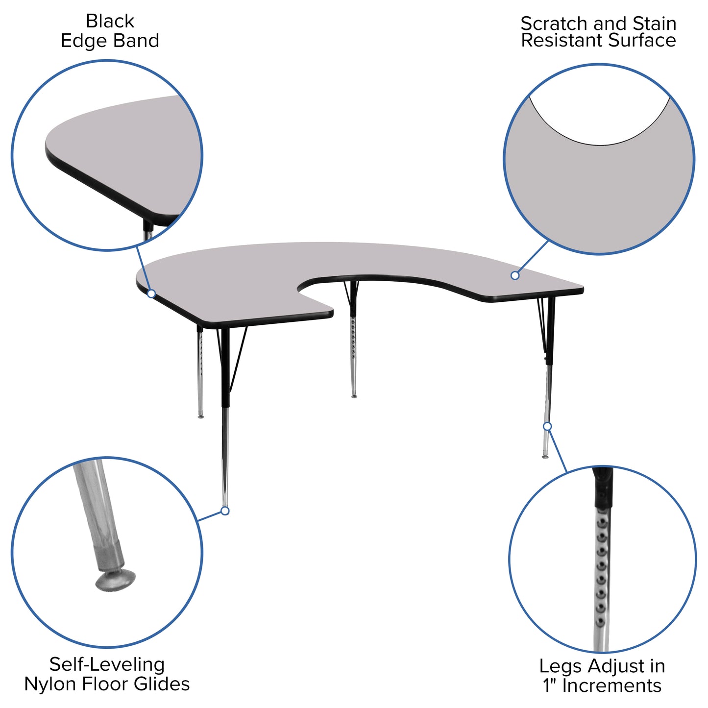 Wren 60''W x 66''L Horseshoe Grey Thermal Laminate Activity Table - Standard Height Adjustable Legs Gray