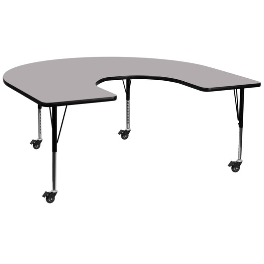 Wren Mobile 60''W x 66''L Horseshoe Grey Thermal Laminate Activity Table - Height Adjustable Short Legs Gray XU-A6066-HRSE-GY-T-P-CAS-GG