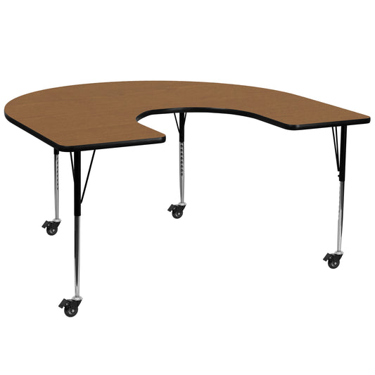 Wren Mobile 60''W x 66''L Horseshoe Oak Thermal Laminate Activity Table - Standard Height Adjustable Legs Oak XU-A6066-HRSE-OAK-T-A-CAS-GG