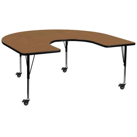 Wren Mobile 60''W x 66''L Horseshoe Oak Thermal Laminate Activity Table - Height Adjustable Short Legs Oak XU-A6066-HRSE-OAK-T-P-CAS-GG