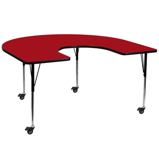 Wren Mobile 60''W x 66''L Horseshoe Red Thermal Laminate Activity Table - Standard Height Adjustable Legs Red XU-A6066-HRSE-RED-T-A-CAS-GG