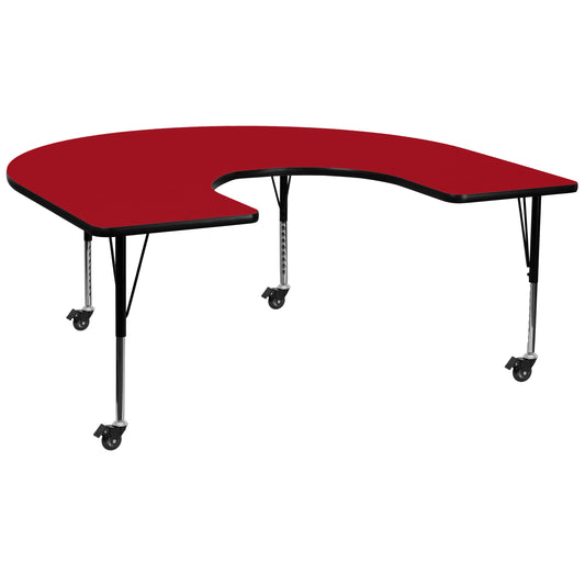 Wren Mobile 60''W x 66''L Horseshoe Red Thermal Laminate Activity Table - Height Adjustable Short Legs Red XU-A6066-HRSE-RED-T-P-CAS-GG