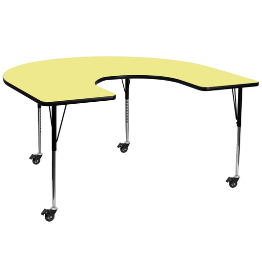 Wren Mobile 60''W x 66''L Horseshoe Yellow Thermal Laminate Activity Table - Standard Height Adjustable Legs Yellow XU-A6066-HRSE-YEL-T-A-CAS-GG