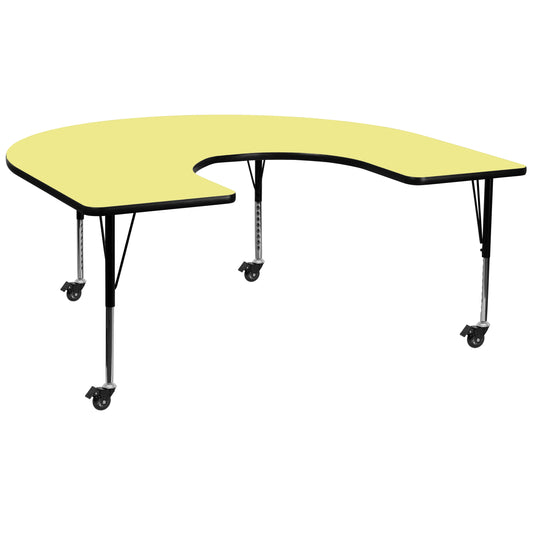 Wren Mobile 60''W x 66''L Horseshoe Yellow Thermal Laminate Activity Table - Height Adjustable Short Legs Yellow XU-A6066-HRSE-YEL-T-P-CAS-GG
