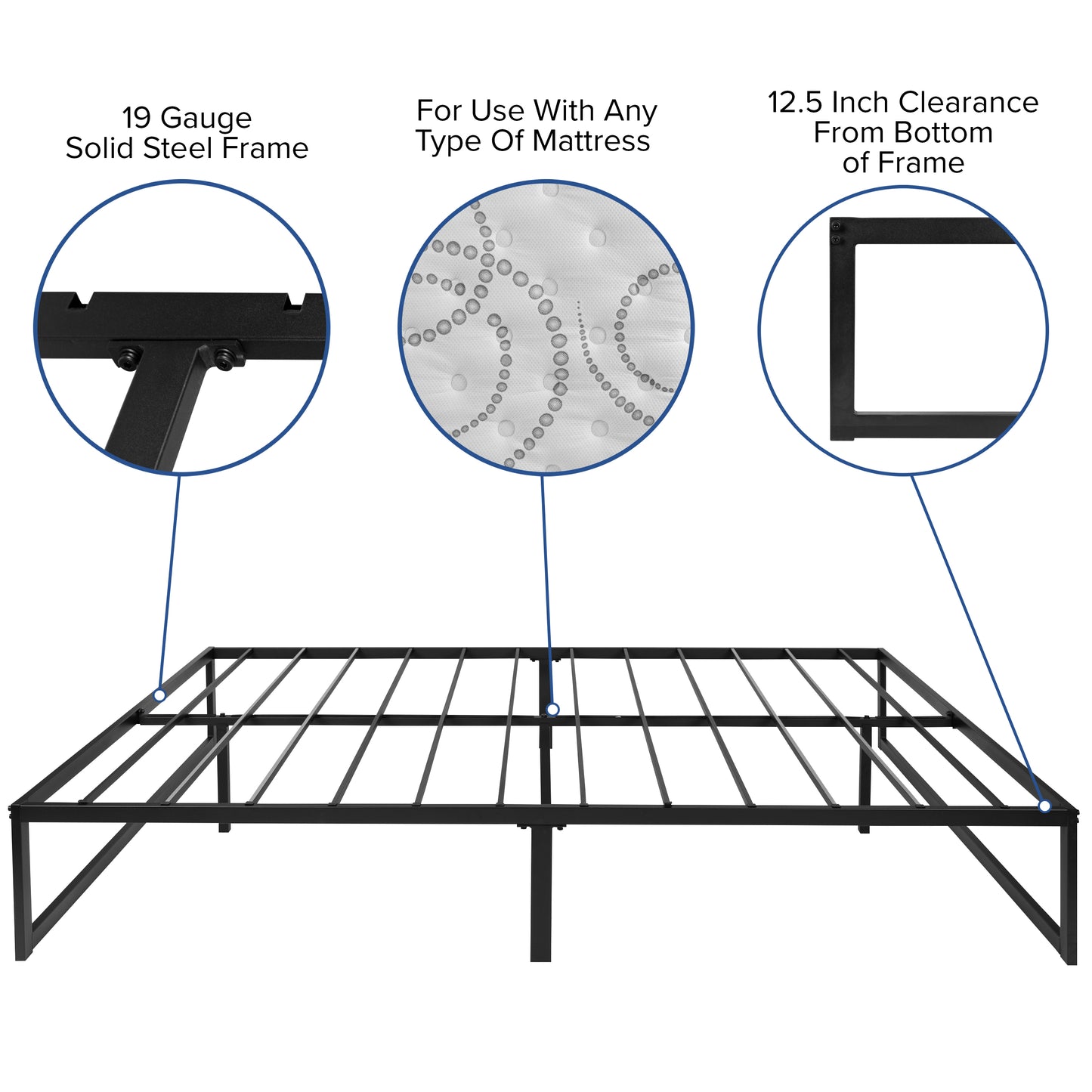 Lana 14 Inch Metal Platform Bed Frame - No Box Spring Needed with Steel Slat Support and Quick Lock Functionality (Queen) Black