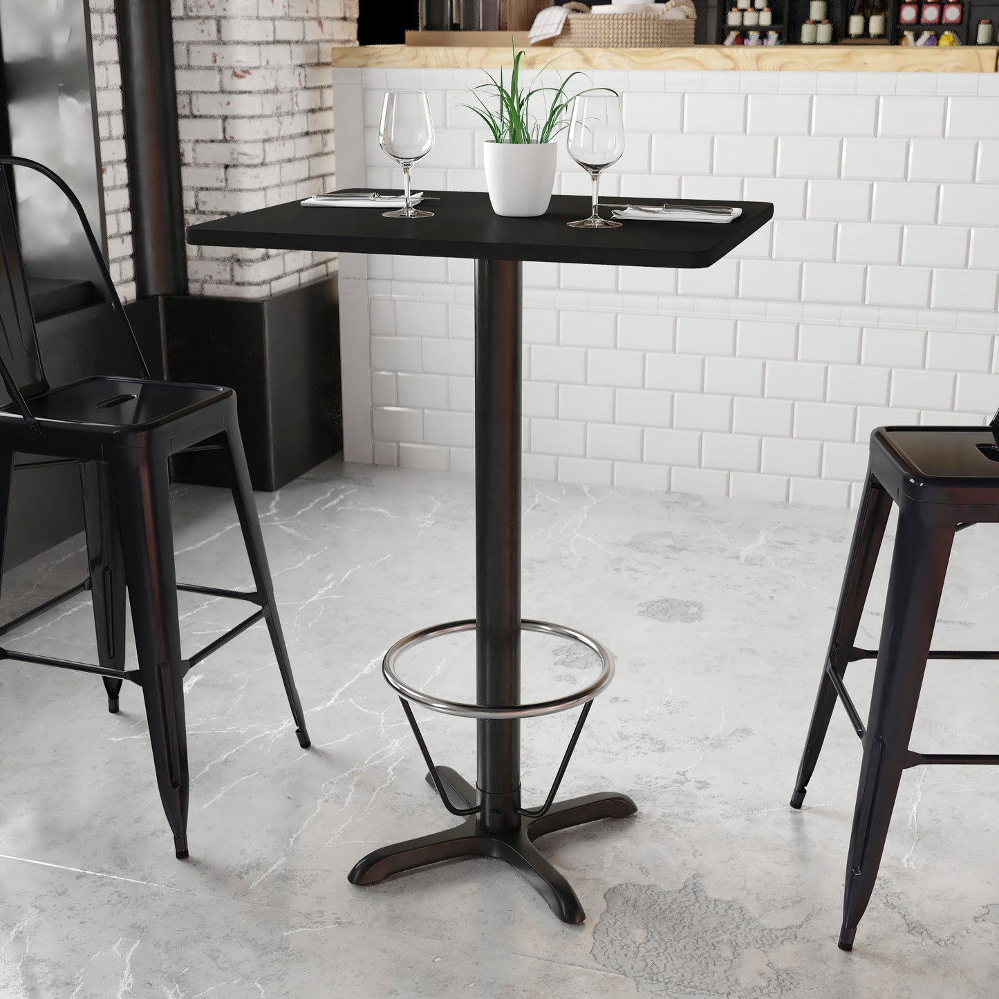 Stiles 24'' x 30'' Rectangular Black Laminate Table Top with 22'' x 22'' Bar Height Table Base and Foot Ring Black