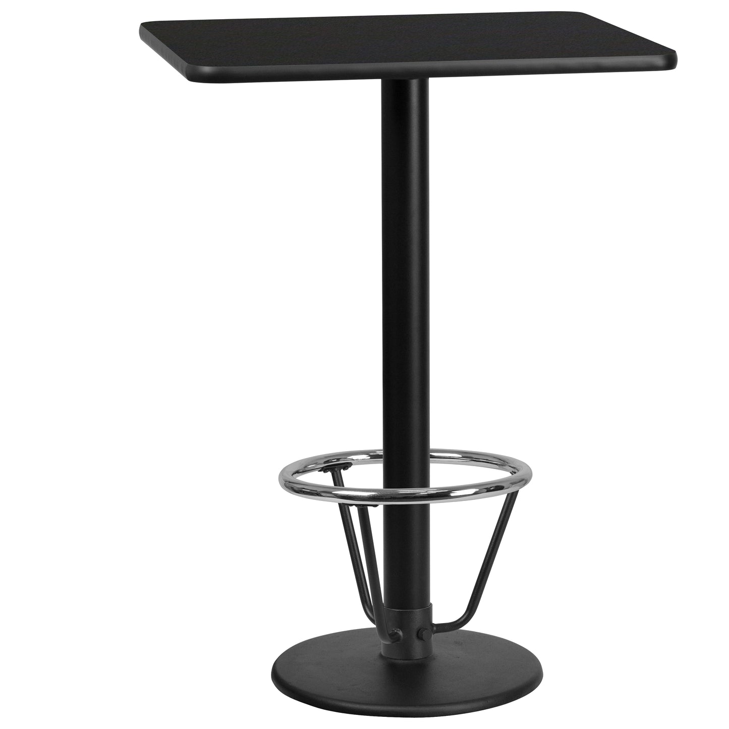 Stiles 24'' x 30'' Rectangular Black Laminate Table Top with 18'' Round Bar Height Table Base and Foot Ring Black
