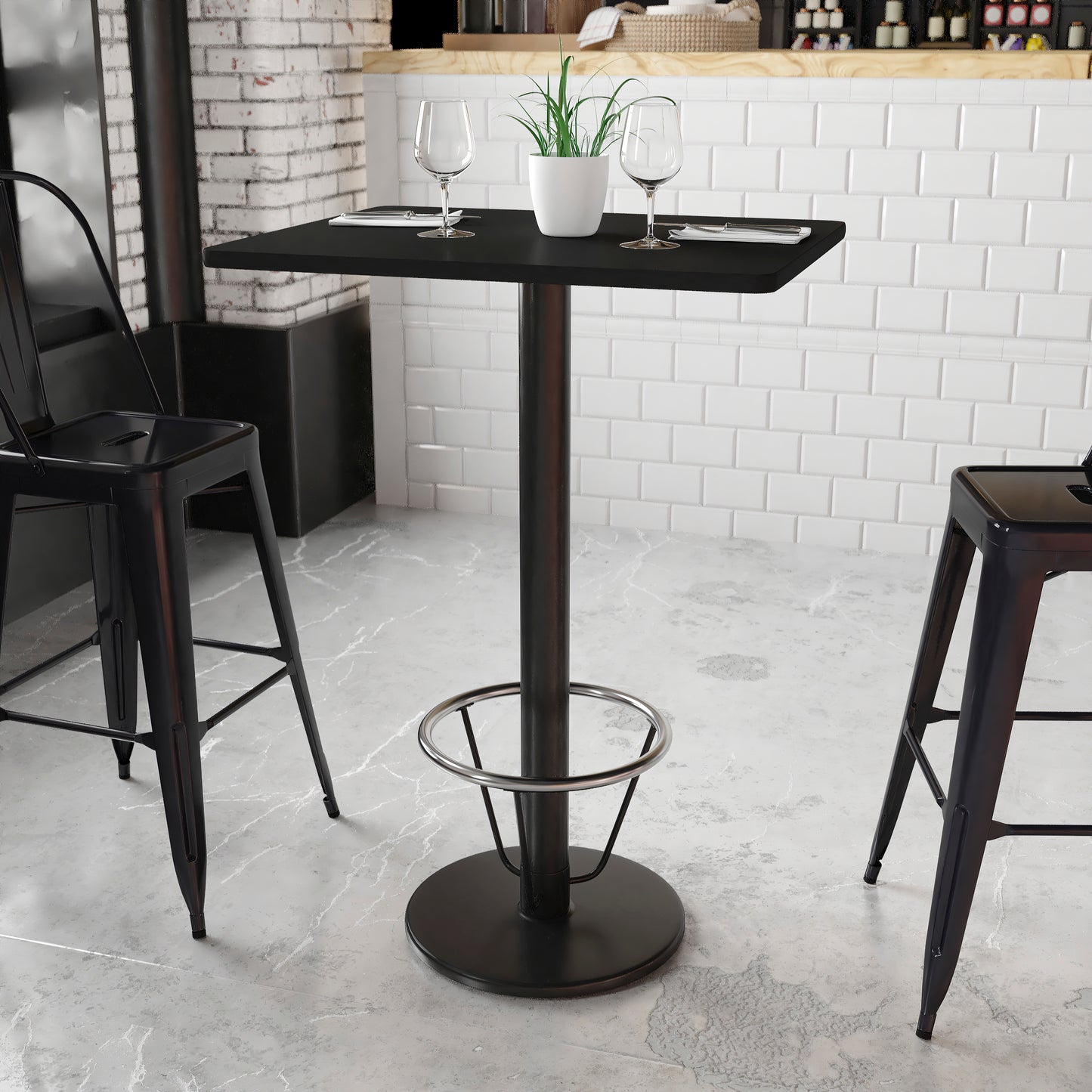 Stiles 24'' x 30'' Rectangular Black Laminate Table Top with 18'' Round Bar Height Table Base and Foot Ring Black