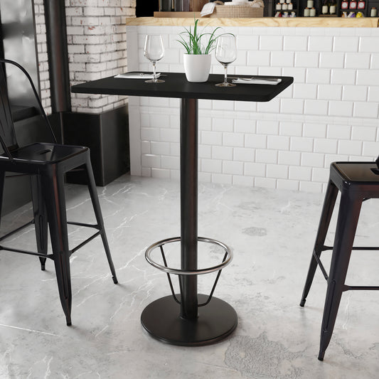 Stiles 24'' x 30'' Rectangular Black Laminate Table Top with 18'' Round Bar Height Table Base and Foot Ring Black