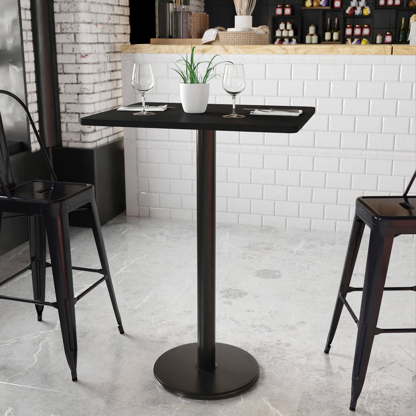 Stiles 24'' x 30'' Rectangular Black Laminate Table Top with 18'' Round Bar Height Table Base Black