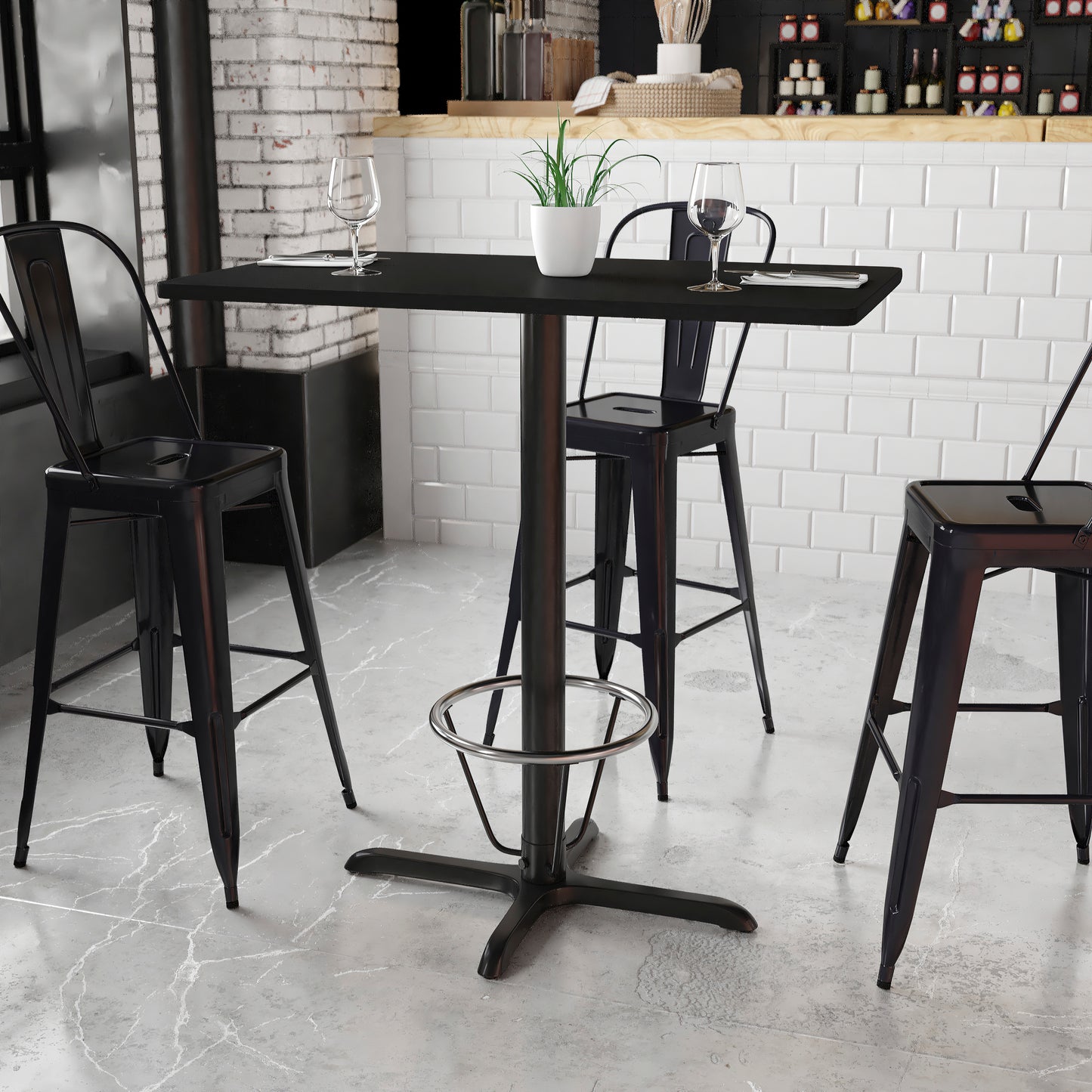 Stiles 24'' x 42'' Rectangular Black Laminate Table Top with 23.5'' x 29.5'' Bar Height Table Base and Foot Ring Black