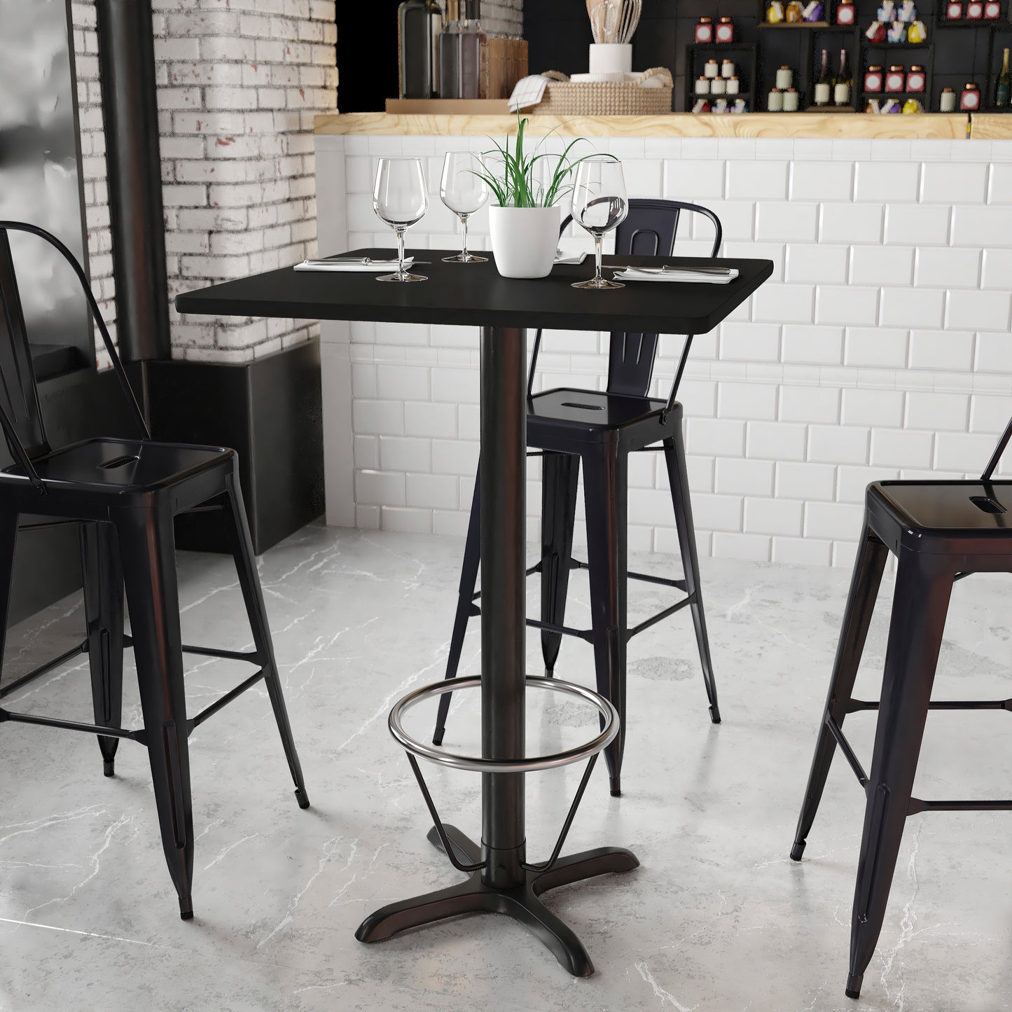 Stiles 30'' Square Black Laminate Table Top with 22'' x 22'' Bar Height Table Base and Foot Ring Black