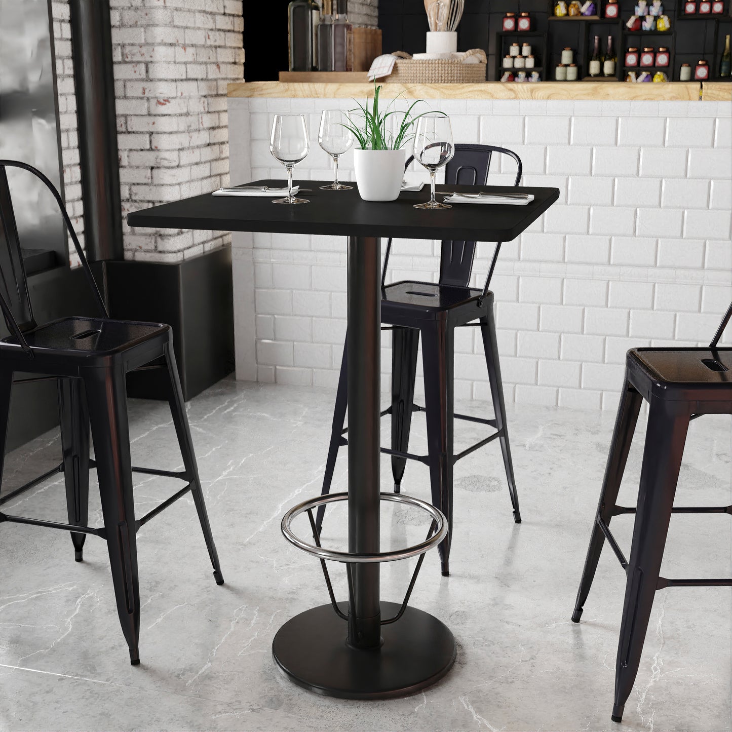 Stiles 30'' Square Black Laminate Table Top with 18'' Round Bar Height Table Base and Foot Ring Black