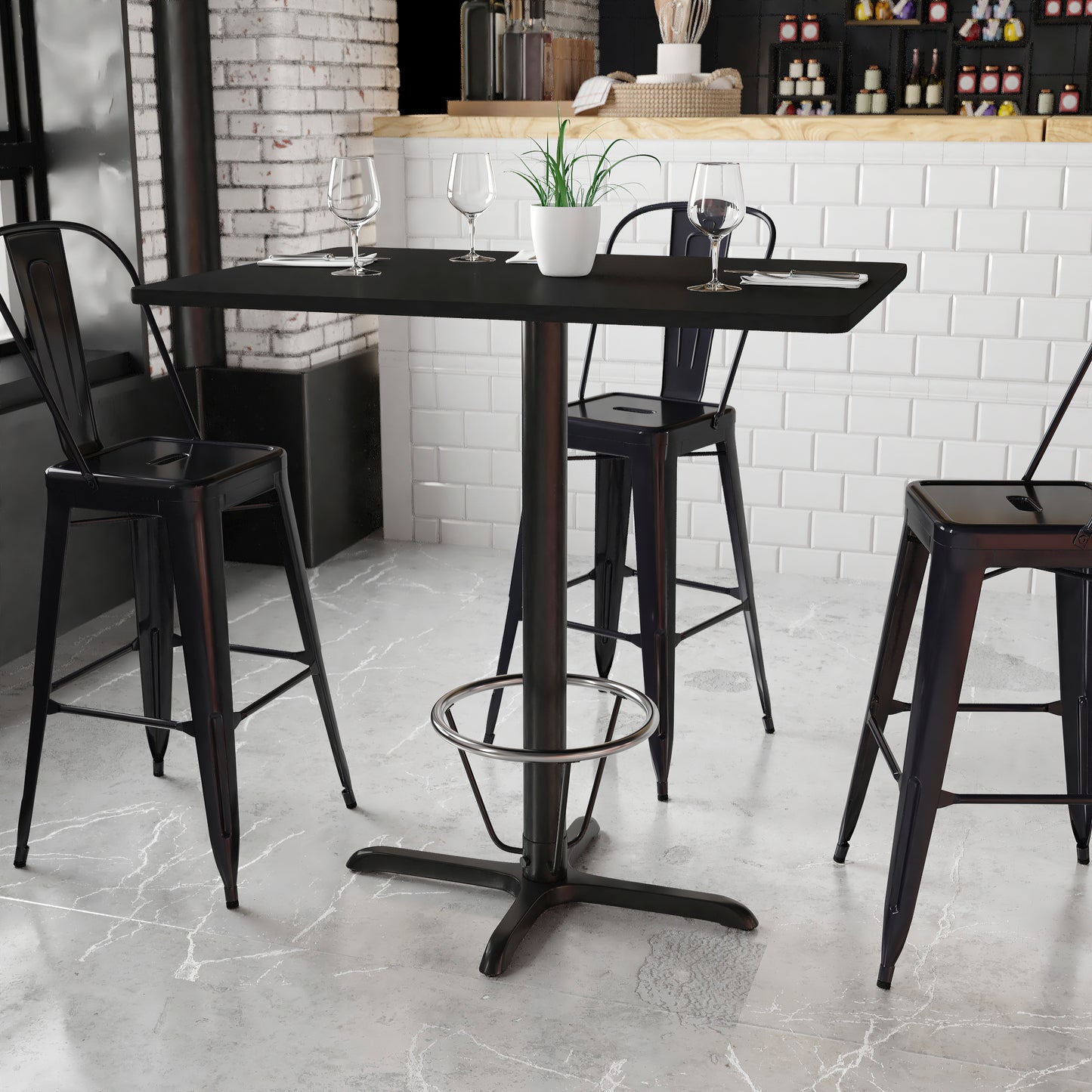 Stiles 30'' x 42'' Rectangular Black Laminate Table Top with 23.5'' x 29.5'' Bar Height Table Base and Foot Ring Black