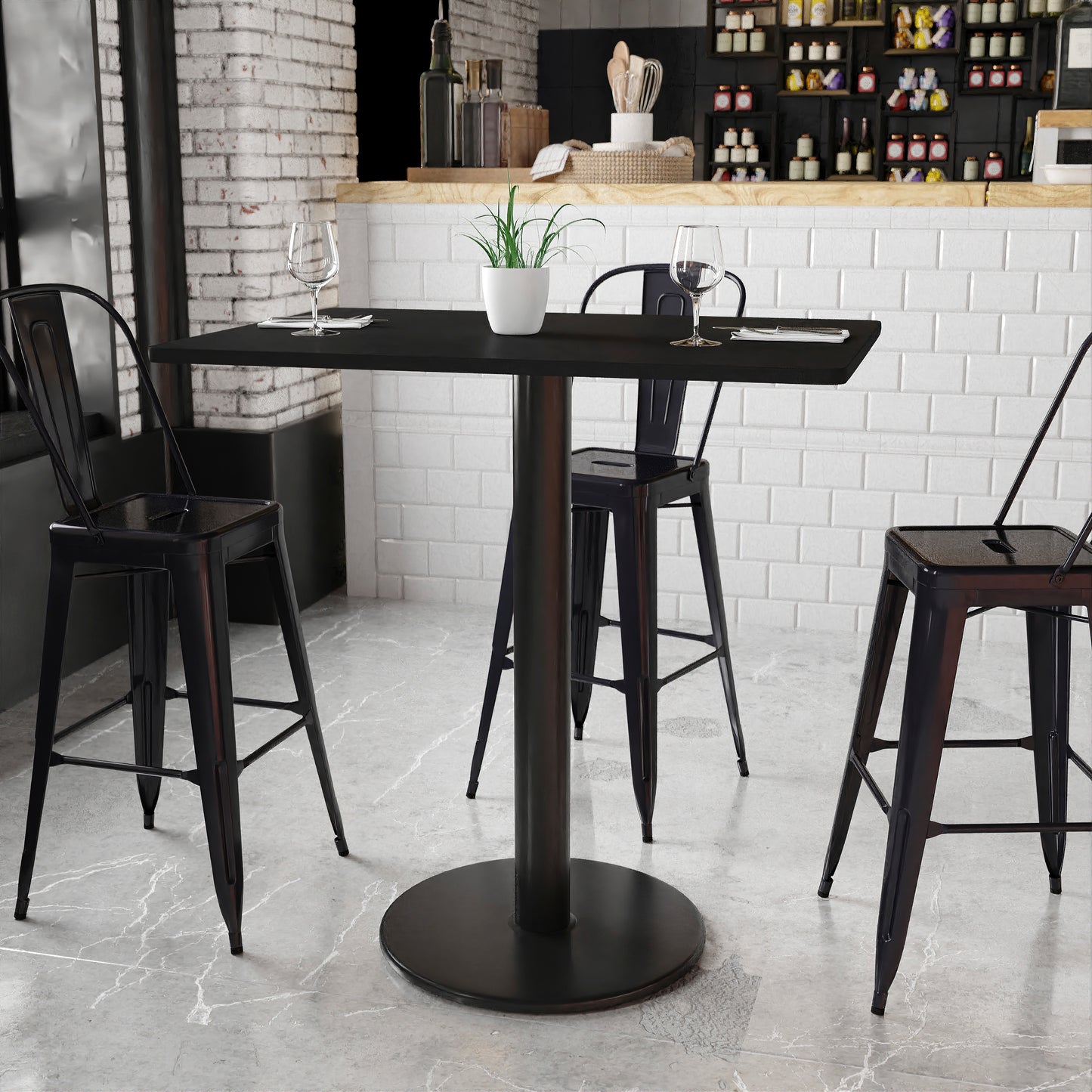 Stiles 30'' x 42'' Rectangular Black Laminate Table Top with 24'' Round Bar Height Table Base Black