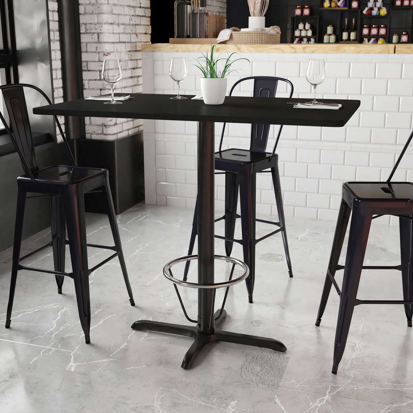 Stiles 30'' x 48'' Rectangular Black Laminate Table Top with 23.5'' x 29.5'' Bar Height Table Base and Foot Ring Black