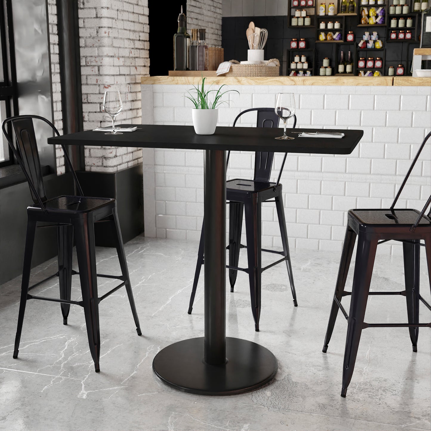 Stiles 30'' x 48'' Rectangular Black Laminate Table Top with 24'' Round Bar Height Table Base Black