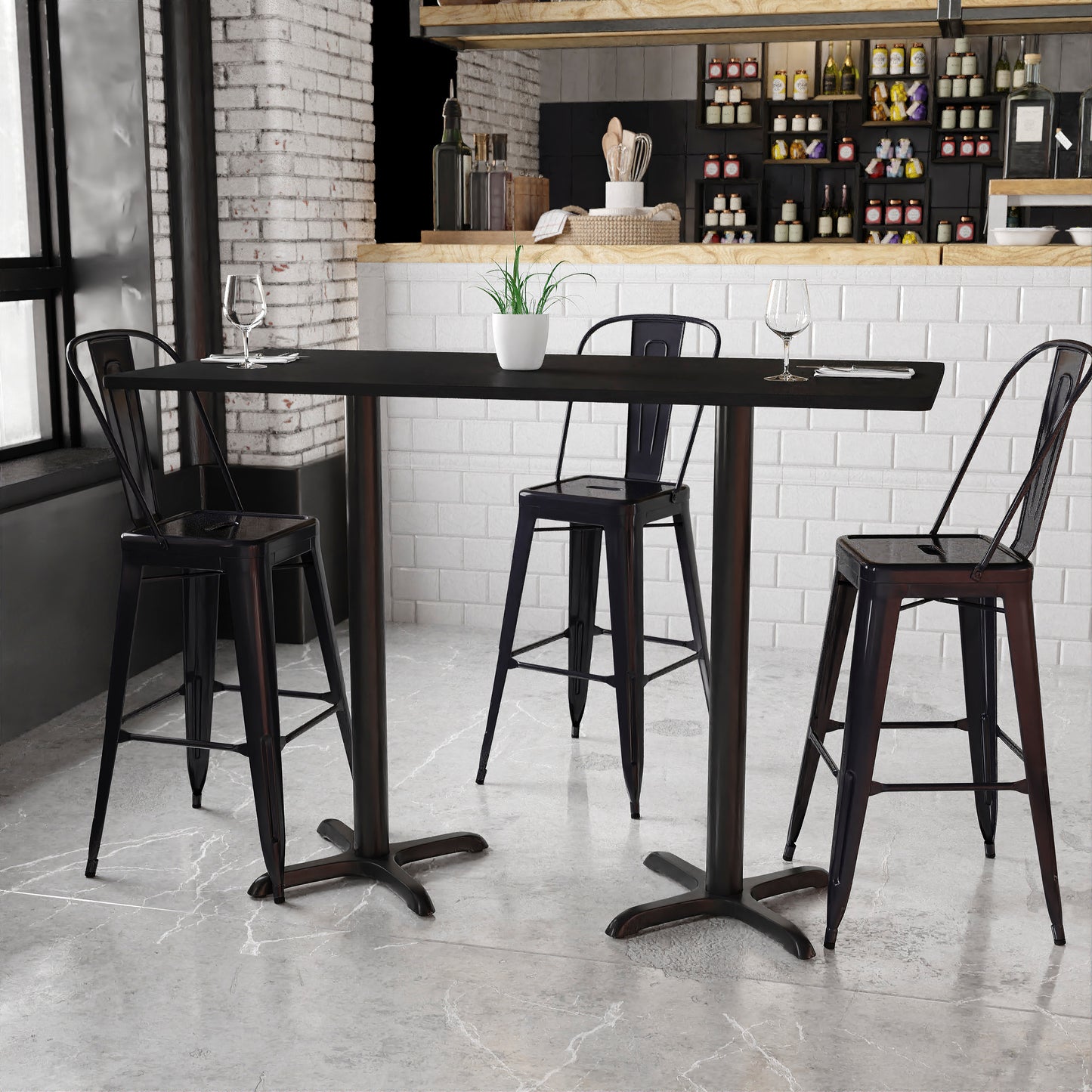 Stiles 30'' x 60'' Rectangular Black Laminate Table Top with 22'' x 22'' Bar Height Table Bases Black