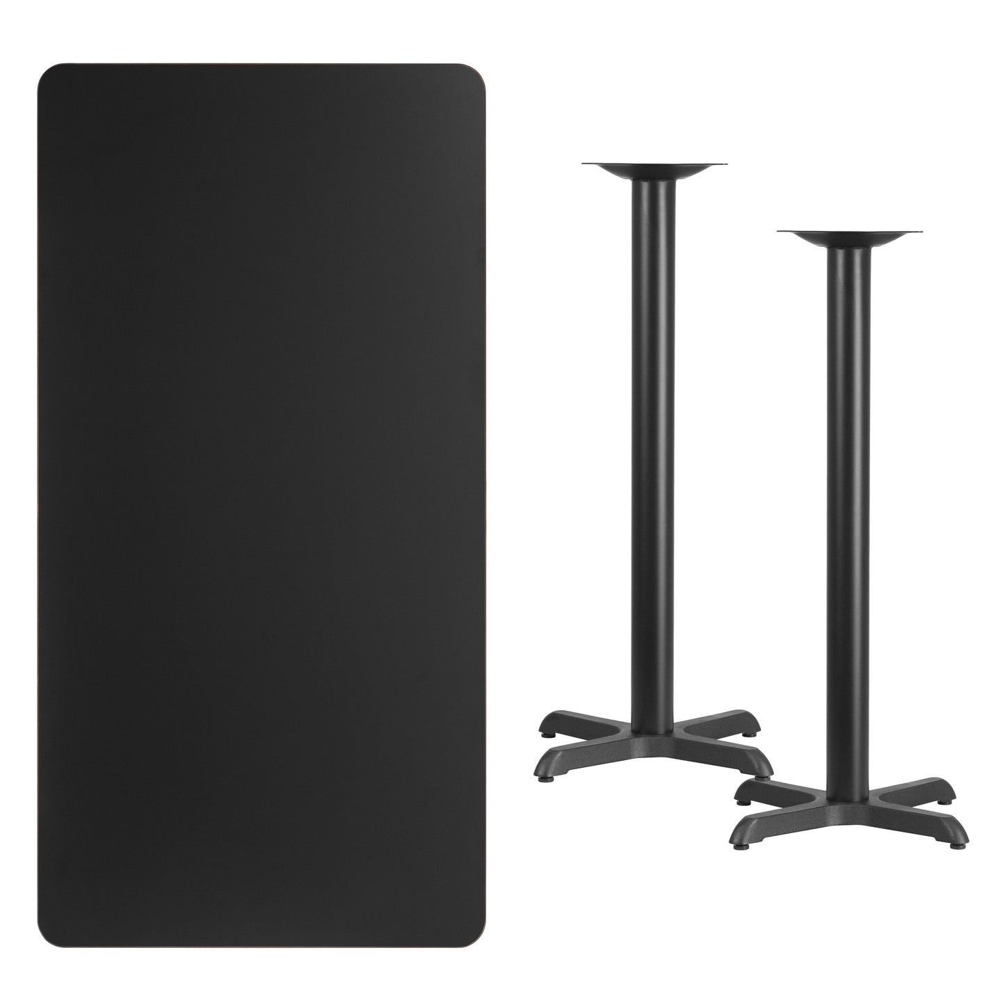 Stiles 30'' x 60'' Rectangular Black Laminate Table Top with 22'' x 22'' Bar Height Table Bases Black