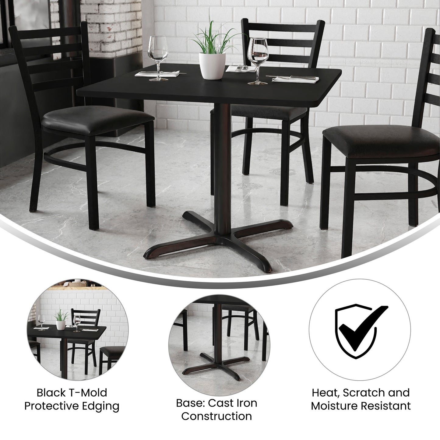 Carlton 36'' Square Black Laminate Table Set with X-Base and 4 Black Trapezoidal Back Banquet Chairs Black Top/Black Vinyl Seat