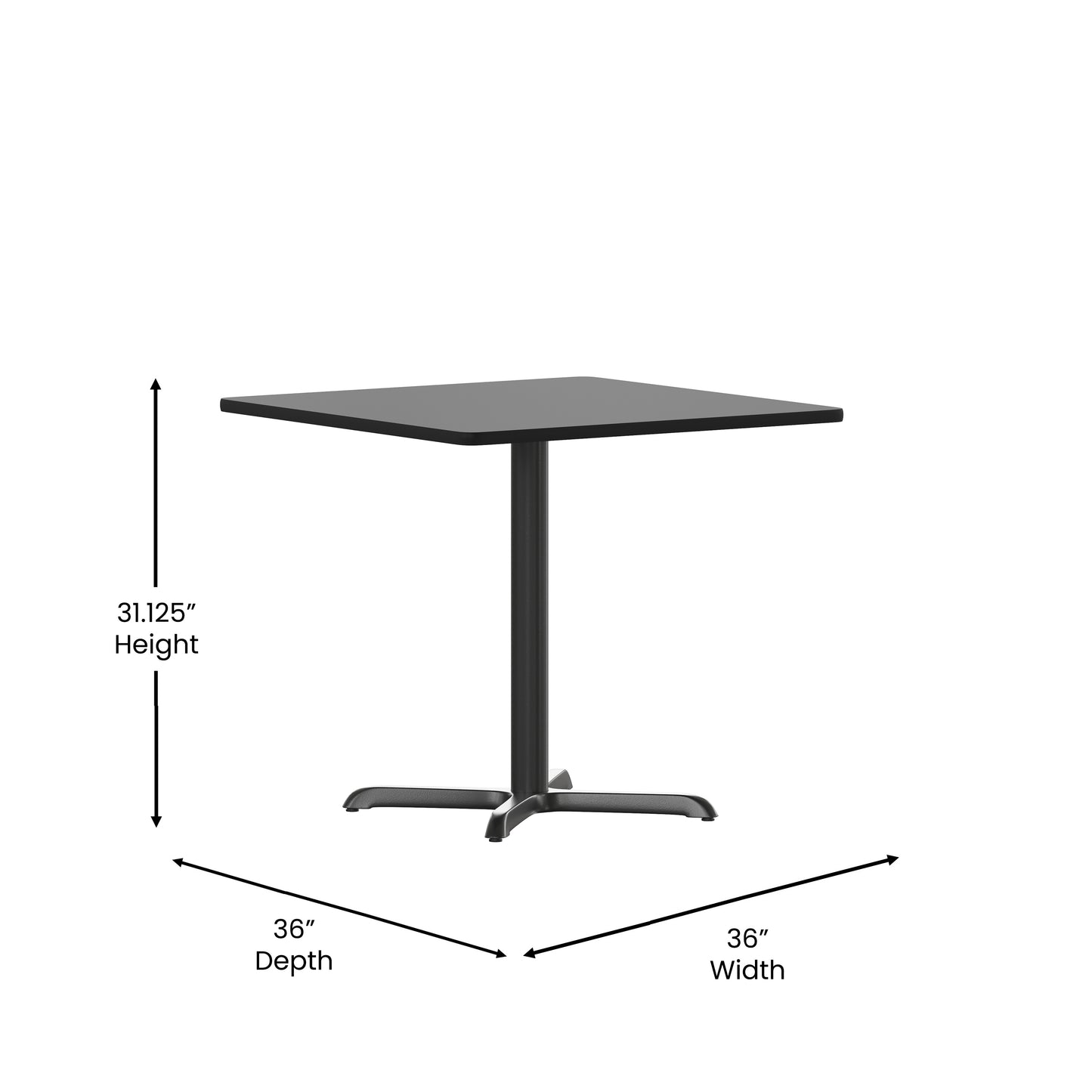 Carlton 36'' Square Black Laminate Table Set with X-Base and 4 Ladder Back Metal Chairs - Black Vinyl Seat Black Top/Black Vinyl Seat