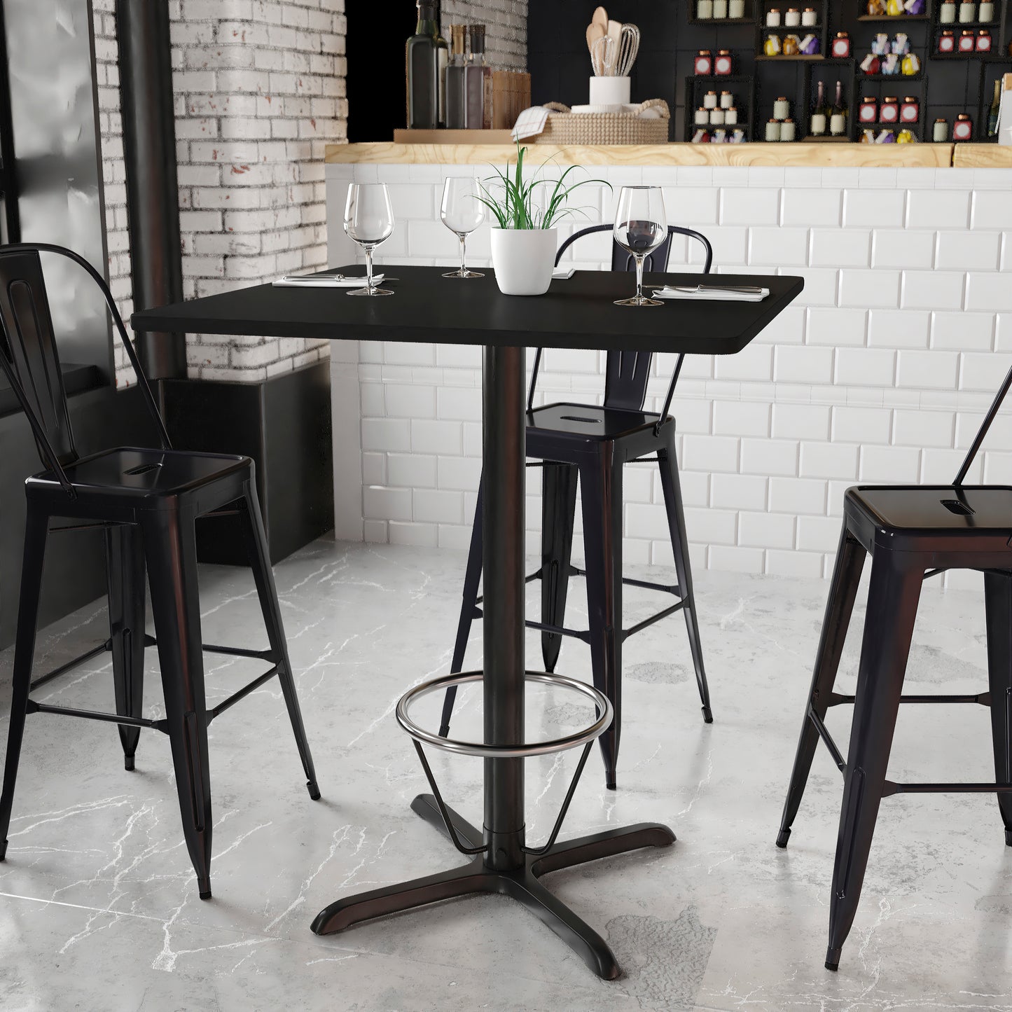 Stiles 36'' Square Black Laminate Table Top with 30'' x 30'' Bar Height Table Base and Foot Ring Black