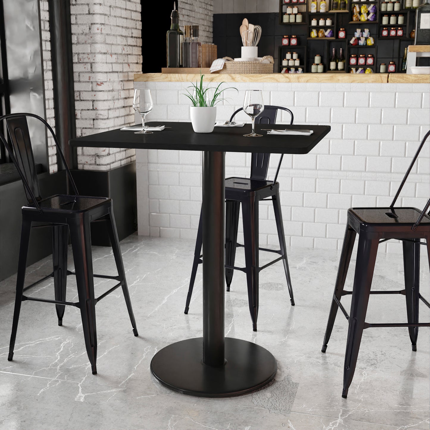 Stiles 36'' Square Black Laminate Table Top with 24'' Round Bar Height Table Base Black