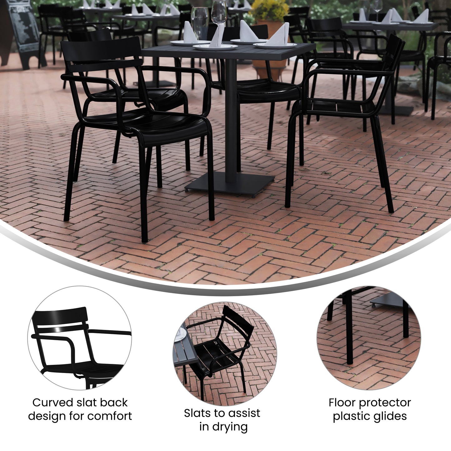 Nash Commercial Grade Black Steel Indoor-Outdoor Stackable Chair with 2 Slats and Arms Black
