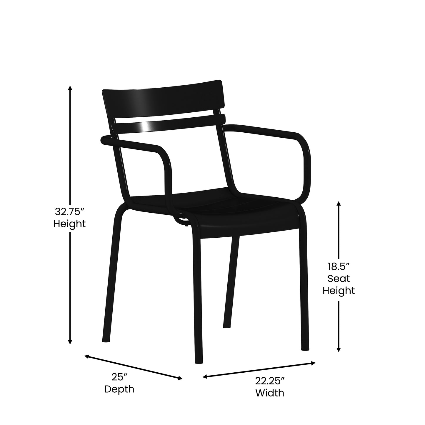 Nash Commercial Grade Black Steel Indoor-Outdoor Stackable Chair with 2 Slats and Arms Black