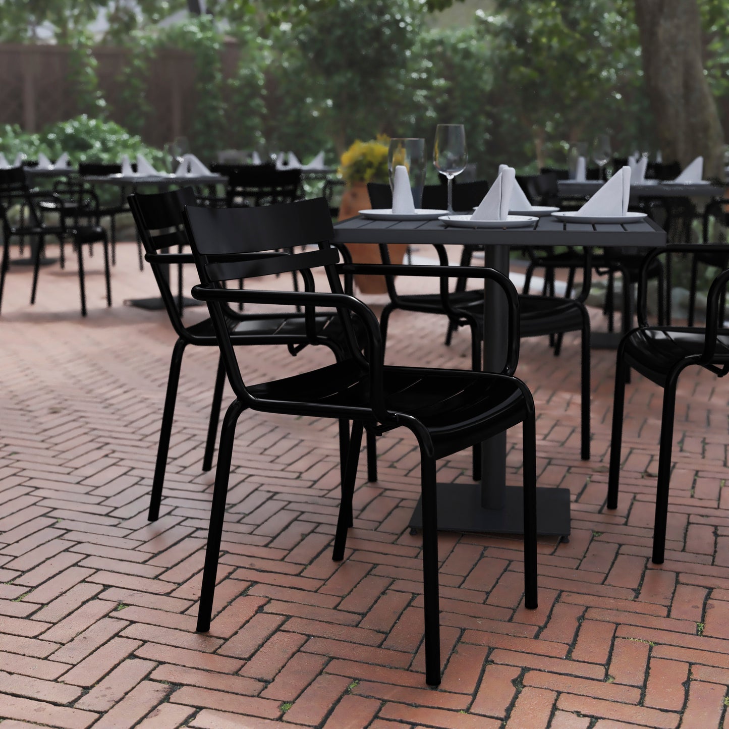 Nash Commercial Grade Black Steel Indoor-Outdoor Stackable Chair with 2 Slats and Arms Black