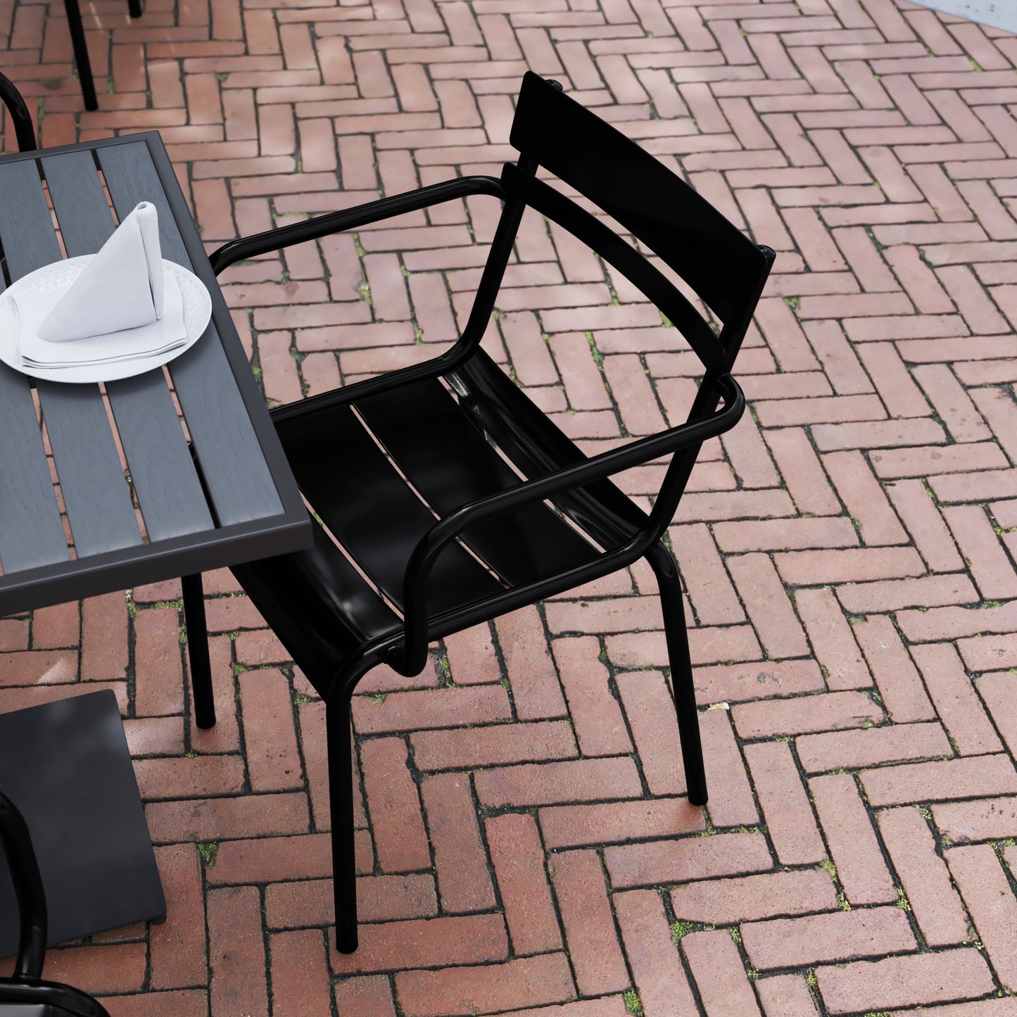 Nash Commercial Grade Black Steel Indoor-Outdoor Stackable Chair with 2 Slats and Arms Black