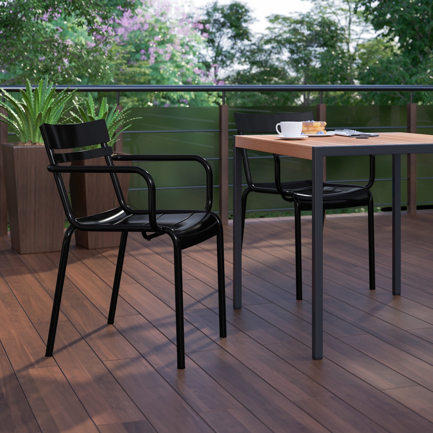 Nash Commercial Grade Black Steel Indoor-Outdoor Stackable Chair with 2 Slats and Arms Black