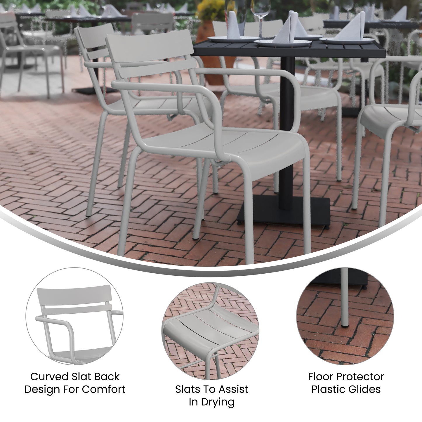 Nash Commercial Grade Silver Steel Indoor-Outdoor Stackable Chair with 2 Slats and Arms Silver