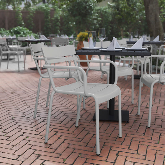 Nash Commercial Grade Silver Steel Indoor-Outdoor Stackable Chair with 2 Slats and Arms Silver