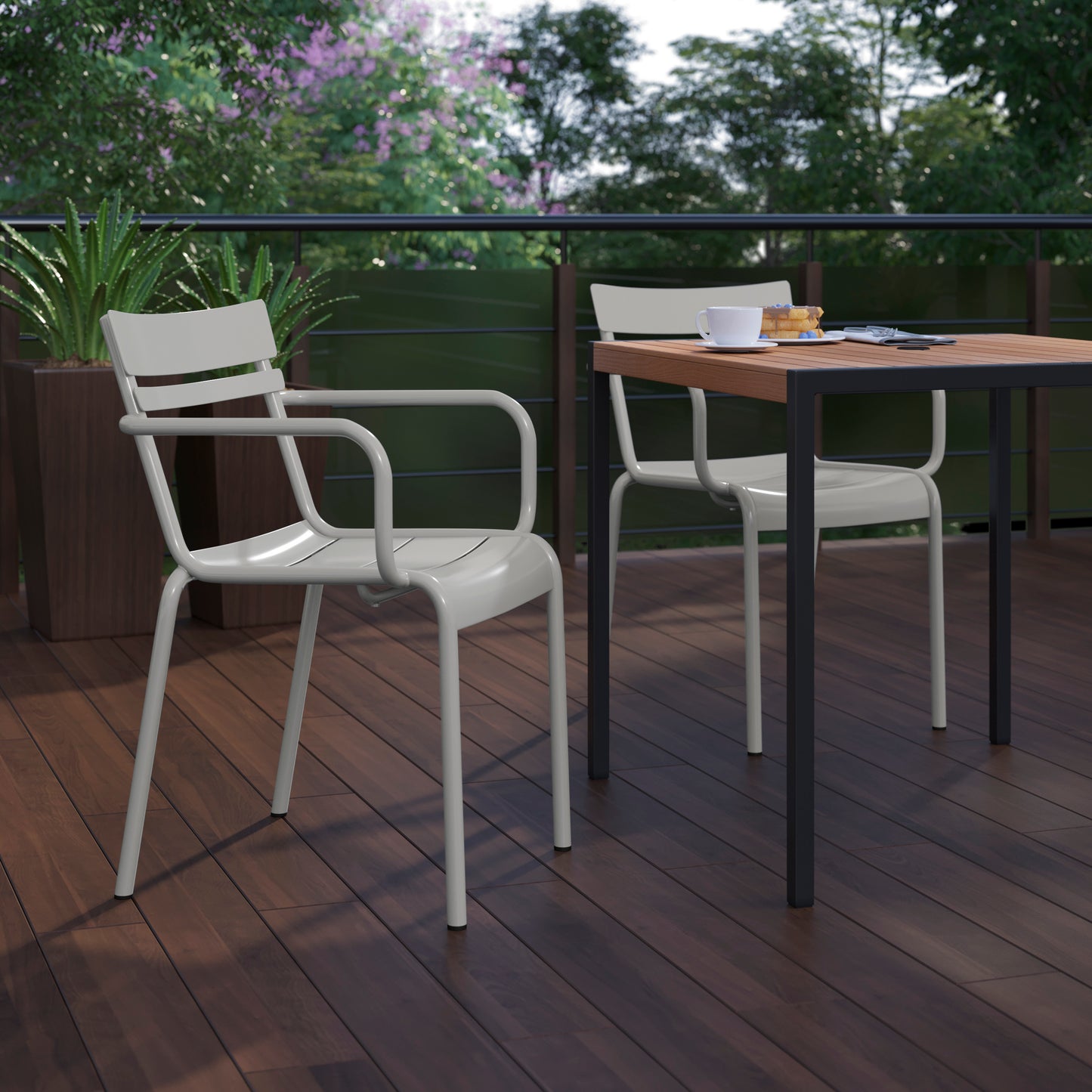 Nash Commercial Grade Silver Steel Indoor-Outdoor Stackable Chair with 2 Slats and Arms Silver