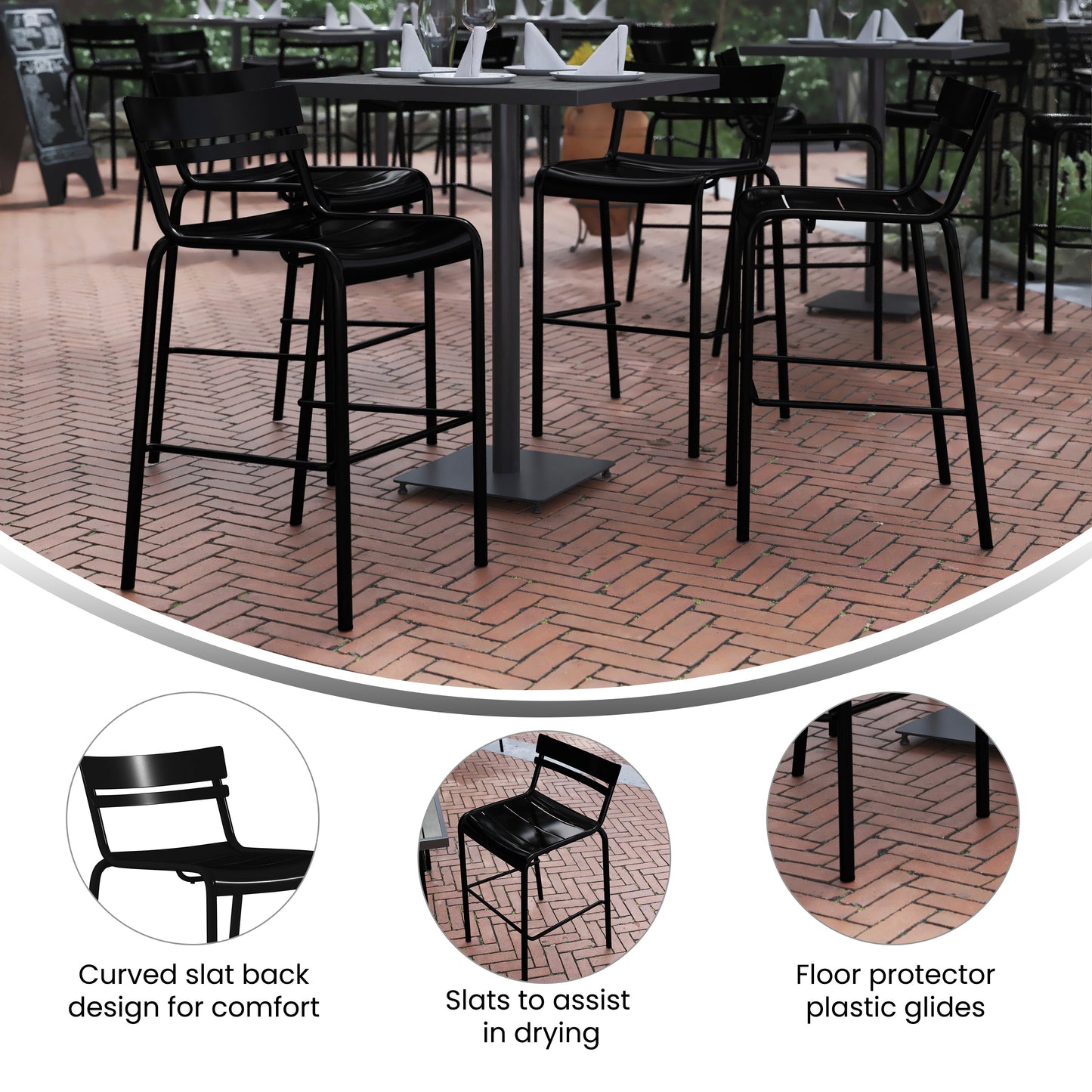 Nash Commercial Grade Black Metal Indoor-Outdoor Bar Height Stool with 2 Slats Black