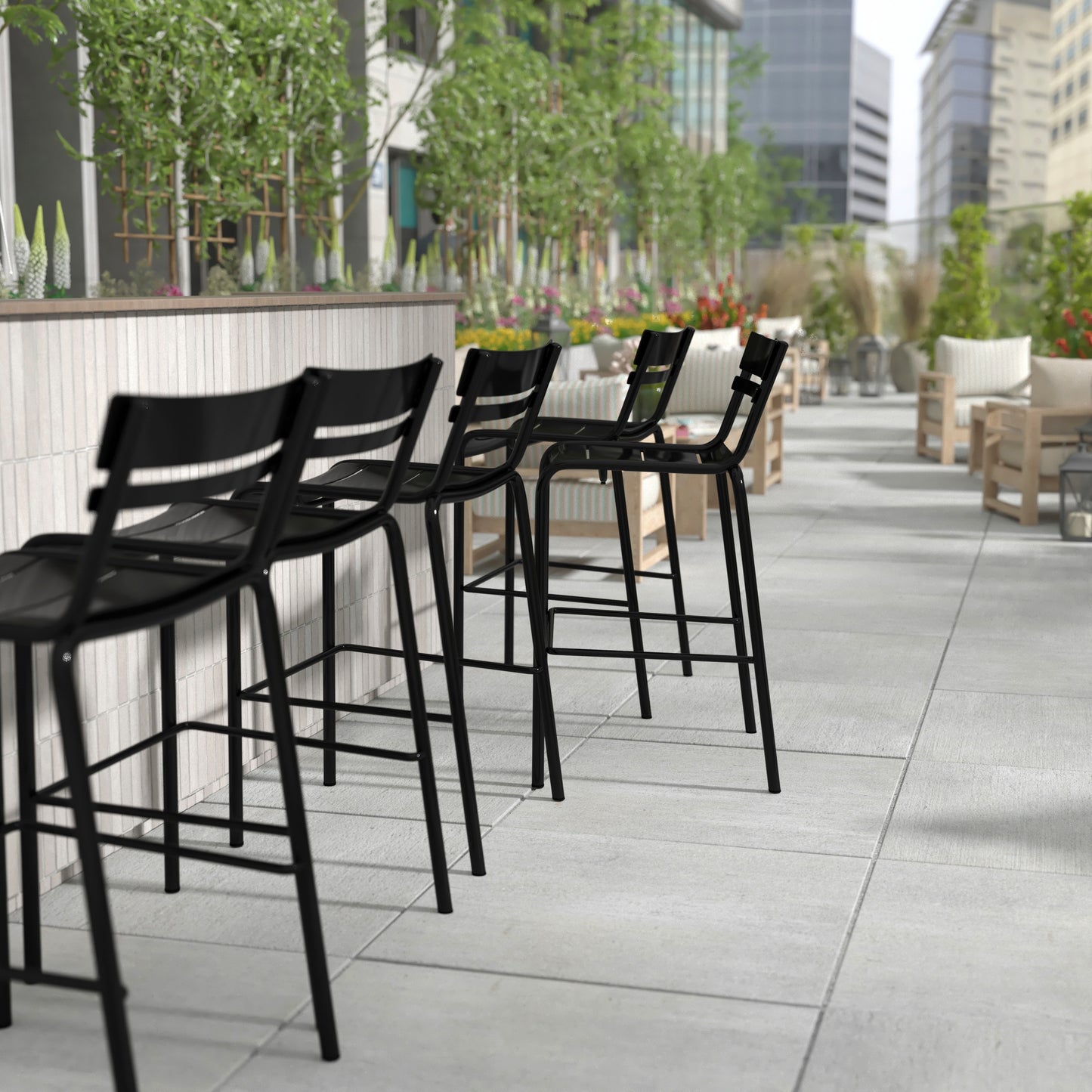Nash Commercial Grade Black Metal Indoor-Outdoor Bar Height Stool with 2 Slats Black