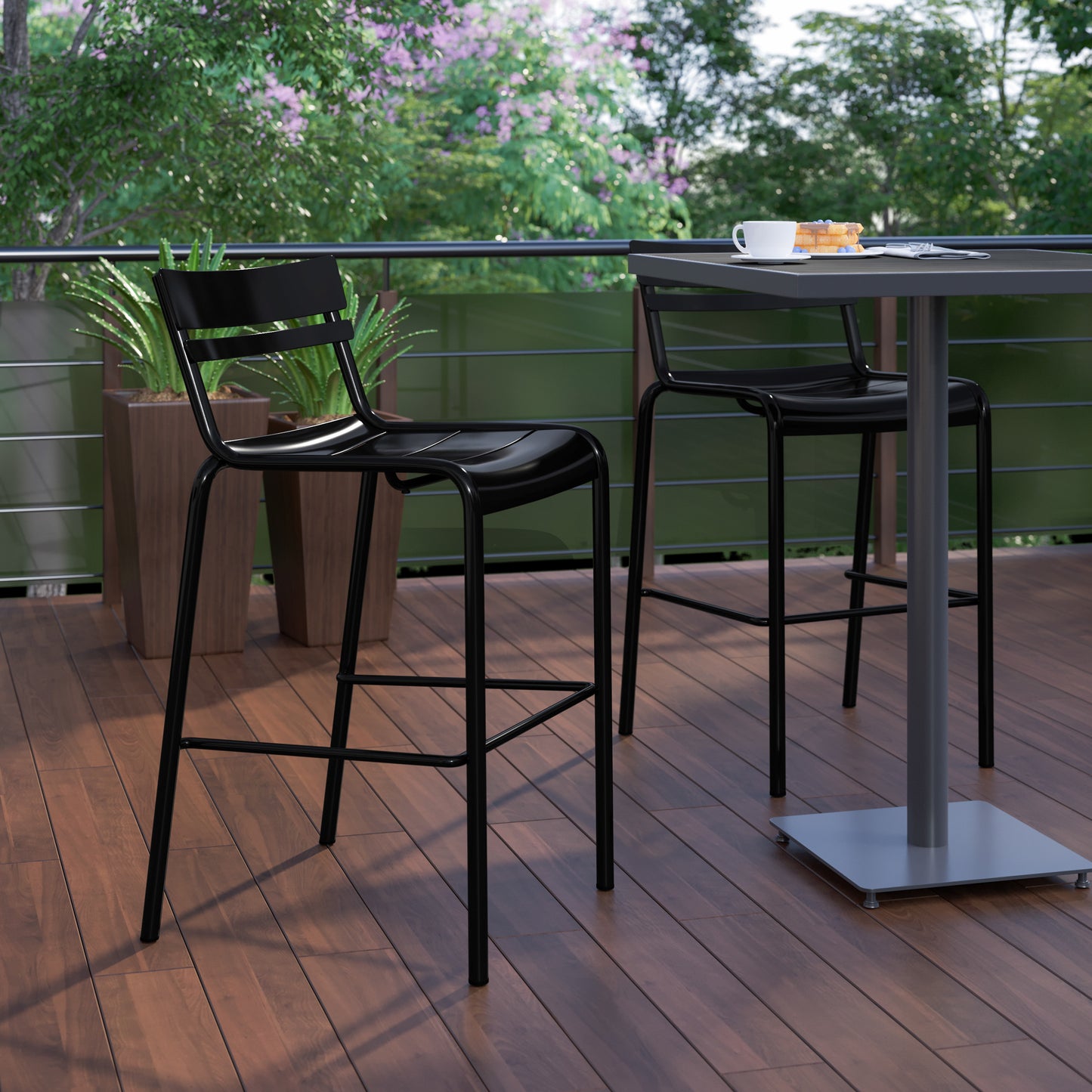 Nash Commercial Grade Black Metal Indoor-Outdoor Bar Height Stool with 2 Slats Black