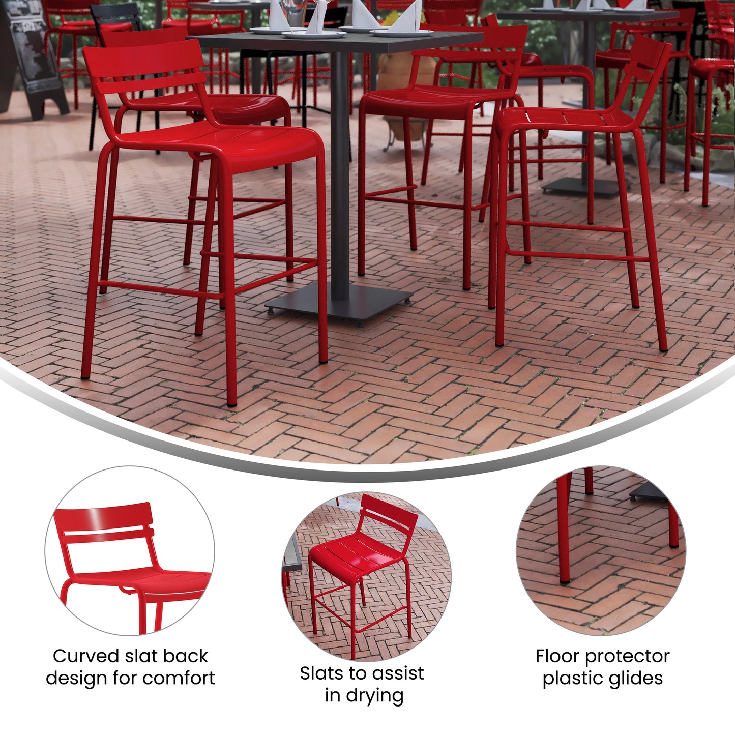 Nash Commercial Grade Red Metal Indoor-Outdoor Bar Height Stool with 2 Slats Red