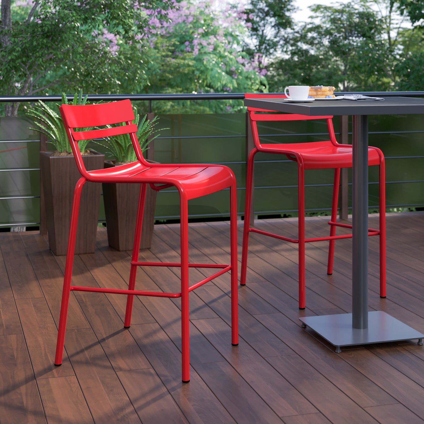 Nash Commercial Grade Red Metal Indoor-Outdoor Bar Height Stool with 2 Slats Red