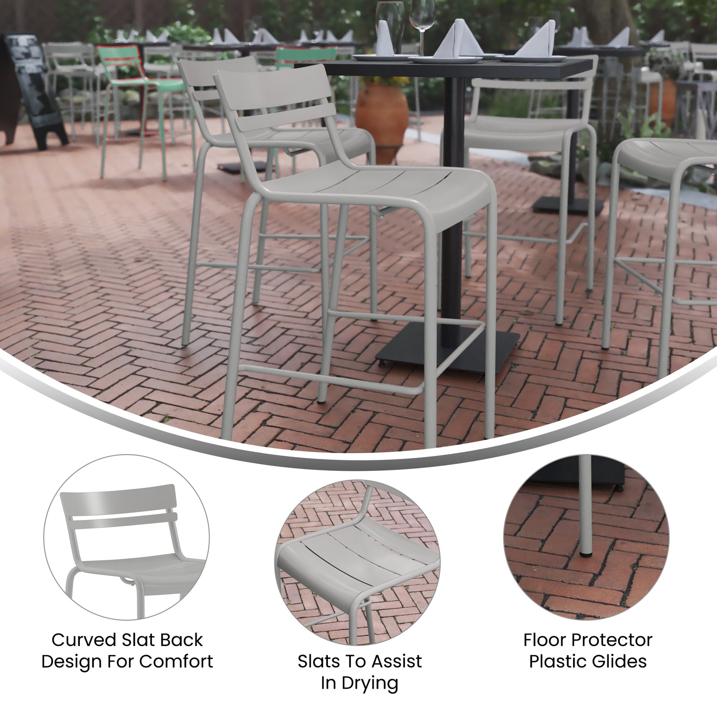 Nash Commercial Grade Silver Metal Indoor-Outdoor Bar Height Stool with 2 Slats Silver
