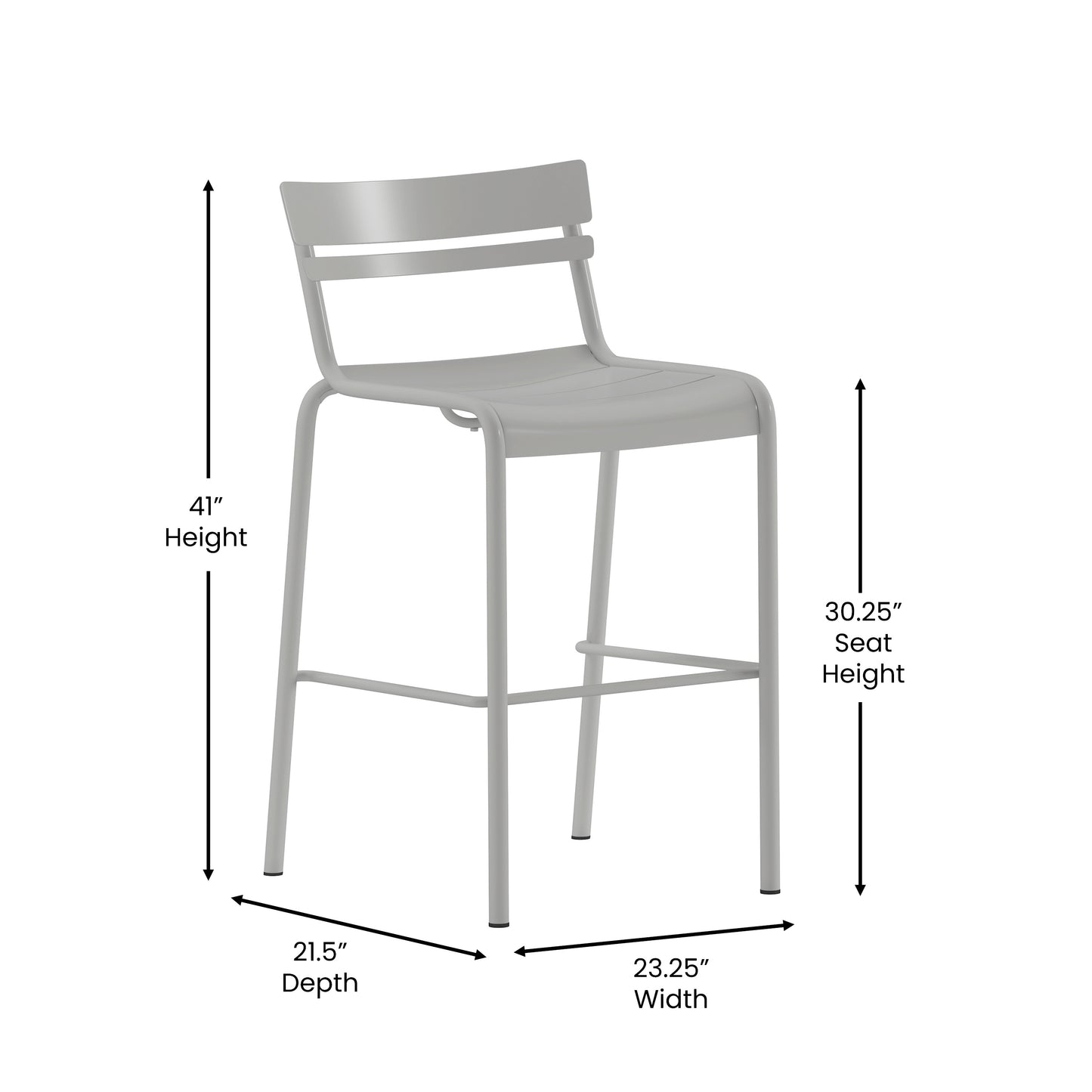 Nash Commercial Grade Silver Metal Indoor-Outdoor Bar Height Stool with 2 Slats Silver