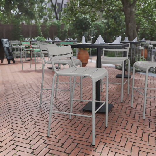 Nash Commercial Grade Silver Metal Indoor-Outdoor Bar Height Stool with 2 Slats Silver