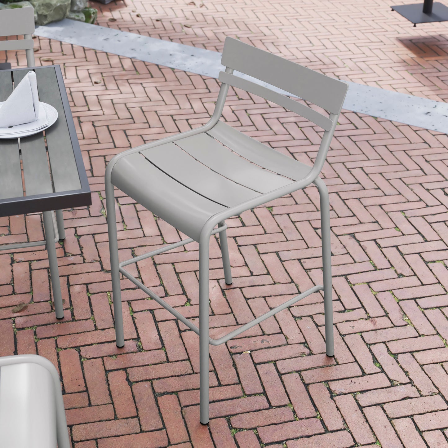 Nash Commercial Grade Silver Metal Indoor-Outdoor Bar Height Stool with 2 Slats Silver